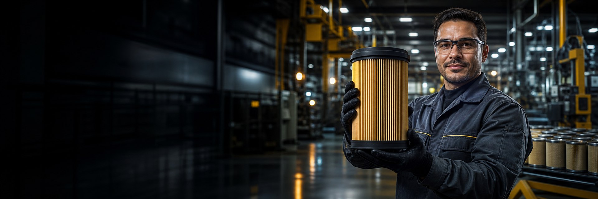 Profissional apresentando um novo filtro em ambiente industrial